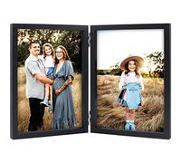 Marco de fotos doble de 10 x 15 cm con bisagras de madera plegable con soporte frontal de vidrio vertical en escritorio negro