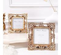 Marco de fotos dorado de estilo vintage con soporte de caballete para una colocación flexible en el escritorio, estante o pared, marco pequeño decorativo para exhibición de fotos (A)