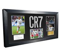 Marco de fotos grande de Cristiano Ronaldo Real Madrid con corte de precisión, logotipo CR7 firmado autografiado, marco de fotos, póster de fútbol de fútbol, soporte negro