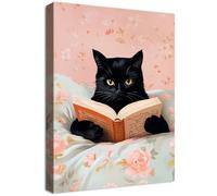 Marco de Madera Cuadro Modernos Divertido Gato Negro Lectura de libros Cuadros Decorativos Lienzo Pintura Rosa Vintage Animal Imagen Cuadros Decoracion Salon Cuarto de Baño Niñas Habitación 30x40cm