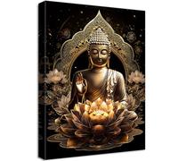 Marco de Madera Cuadros Moderno Estatua de Buda Bronce Cuadros Decorativos Lienzo Pintura Flores de loto Imagen Zen Spa Budismo Oración Cuadro Decoracion Salon Baño Dormitorio Sala de Estudio 30x40cm