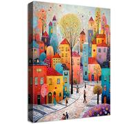 Marco de Madera Cuadros Modernos Pueblo Colorido Cuadro Decorativos Lienzo Pintura Imagen Póster Casa de Fantasía Árboles Cuadros Decoracion Salon Dormitorio Comedor Pasillo Cocina Baño 30x40cm
