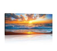 Marco de Madera Grande Azul Puesta de sol Paisaje Marino Cuadros Decoracion Salon, Modernos Cuadros Naturaleza Playa Costa Paisaje Pintura Lienzos Decorativos Dormitorio Comedor Oficina 120x50cm