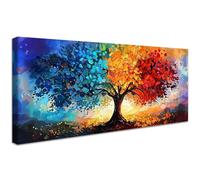 Marco de Madera Grandes Cuadros Decoracion Salon Modernos Azul Amarillo Rojo Lienzo Decorativo Abstracto Colorido Árbol Floral Pintura Árbol de la Vida Cuadros Decorativos Salon Dormitorio 50x120cm