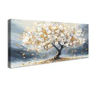 Marco de Madera Grandes Cuadros Decoracion Salon Modernos Lienzo Decorativo Moderno Gris Oro Abstracto Pintura Árbol de la Vida Flores Blancas Cuadros Decorativos Salon Dormitorio Restaurante 50x120cm