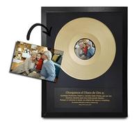 Marco decorativo, regalo original personalizable. Disco de vinilo con foto y mensaje personalizados en cuadro de madera y cristal. Para colgar o colocar (30 x 40 cm. Disco 10" dorado + cartel negro)