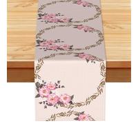 Marco Floral Redondo con Lindas Flores de Zinnia,Camino de Mesa de Lino sintético para el hogar, Fiestas, comedores, 33 x 183 cm