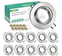 Marco Foco Empotrable GU10, 10 Pack Marcos Focos Downlight LED Empotrable Metal Cepillado Redondo con Portalámparas GU10, Ф 65-80mm, Ángulo basculación 30°, Para 50mm Lámparas De Led O Halógena