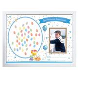 Marco huellas comunión DIN A3 Niño globos| Marco para colgar con lámina A3 y espacio para poner tu foto 10 x 15 cm+ tampón de huellas 6 colores| Arguval