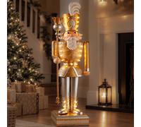 Marco Paul - Estatua de soldado cascanueces dorado de 120 cm con luces LED, funciona con pilas, decoración navideña pintada a mano, adornos de metal InLit para decoración de Navidad