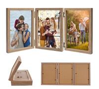Marco Triple de Madera, 10x15 cm, Marcos de Fotos Multiples Plegable 3 Fotos con placa acrílica, Marco Plegable Collage Triple, Decoración hogareña, Escritorio Decorar, para Bodas Familia,marrón claro