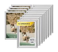 MARCOFOTO Set de 12 Marcos de Fotos 9x13 cm - PVC Color Plateado con Cristal - Marcos para Cuadros, Fotos o Laminas - Decoracion de Pared en Hogar, Oficina, Negocio o como Regalo