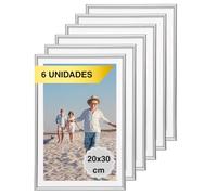 MARCOFOTO Set de 6 Marcos de Fotos 20x30 cm - PVC Color Plateado con Cristal - Marcos para Cuadros, Fotos o Laminas - Decoracion de Pared en Hogar, Oficina, Negocio o como Regalo