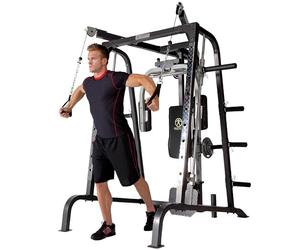 Marcy Deluxe MD-9010G - Máquina Smith Multifunción - Barra Smith con Sistema Poleas (Discos no Incluidos) - Estación Musculación con Banco Multiposición Independiente - Peso Usuario 135kg - Negro