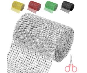 Mardatt Cinta de malla plateada con diamantes de imitación de 4.7 pulgadas x 4.5 yardas, 24 filas de cinta de malla de diamantes de imitación brillantes para manualidades, bodas, decoraciones de