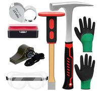 Mardatt Juego de 6 martillos de geología, martillo de roca de 32 onzas y cincel Mason de 12 pulgadas, gafas de seguridad, silbato, lupa de joyería 10X y guantes, herramientas de caza de rocas para