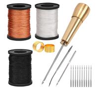 Mardatt Kit de punzón de costura de cuero de 19 piezas que incluye aguja de cuero con mango de cobre, herramientas de trabajo de costura de cuero con múltiples tipos de agujas, hilo encerado y dedal