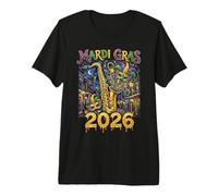 Mardi Gras 2026 Jazz Nueva Orleans Saxofón Masquerade Art Camiseta Premium