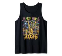 Mardi Gras 2026 Jazz Nueva Orleans Saxofón Masquerade Art Camiseta sin Mangas
