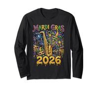 Mardi Gras 2026 Jazz Nueva Orleans Saxofón Masquerade Art Manga Larga