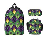 Mardi Gras Fleur De Lis - Juego de mochila para niñas y niños con bolsa de almuerzo, estuche para lápices, colorido zigzag, 3 piezas, bolsas escolares, lonchera aislada, regalos para mujeres y hombres