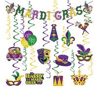 Mardi Gras - Juego de decoraciones colgantes de remolinos de mardi gras premontadas que incluye 1 pancarta de mardi gras, 24 remolinos colgantes para el hogar, repisa, carnaval, Nueva Orleans, decoración de fiesta de máscaras