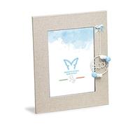 Mareli Marco de fotos de mesa para niño de 20 x 23,5 cm de tela de lino con adornos celestes, estructura trasera de madera, tamaño de la foto 13 x 18 cm. Idea de regalo.