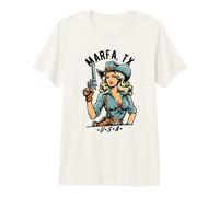 Marfa TX USA Cowgirl con diseño de Pistola Estilo Occidental Camiseta Premium