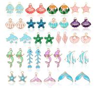 MARFOREVER 40 unidades/20 pares de dijes temáticos del océano, dijes de mar de playa para hacer joyas, varios colgantes esmaltados con estrellas de mar y conchas marinas para collares, aretes,