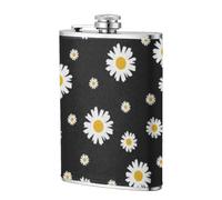 Margarita blanca amarilla flor negra,Frasco de acero inoxidable 304 de 8 oz con funda de cuero sintético, frasco de bolsillo para licor plano para exteriores