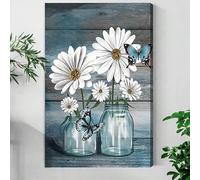 Margaritas y mariposas azules, arreglo floral en frasco de vidrio, lienzo de bodegón realista para sala de estar (70 x 100 cm/sin marco)