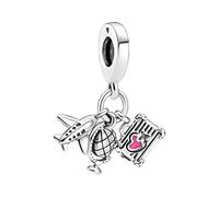 MariaFonte Colgante Charm Viaje Compatible Todas Marcas Mundo Globo Avión Maleta Pasaporte Cumpleaños Aniversario Colgantes Bead Plata (Avión Globo Maleta)