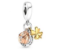 MariaFonte Pulsera suave clip y dije de trébol verde de cuatro hojas con circonitas compatible con todas las marcas Colgante original de plata.