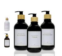 Marie Madeleine Set de 3 Dispensadores de Jabón Baño Pet 500ml, Jabonera, Dosificador de Jabón para Baño, Botes para Gel y Champú, Dispensador con Pegatinas en Español (Negro)