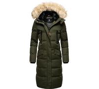 MARIKOO Abrigo de invierno para mujer, abrigo acolchado largo y cálido con piel sintética desmontable y capucha Schneesternchen XS-XXL, verde oliva, XL
