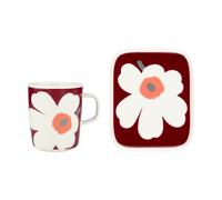 Marimekko Taza Unikko 60 aniversario 25 cl + plato 12x15 cm White-dark cherry-ash grey