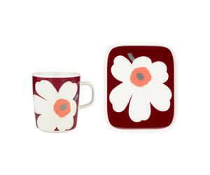 Marimekko Taza Unikko 60 aniversario 25 cl + plato 12x15 cm White-dark cherry-ash grey