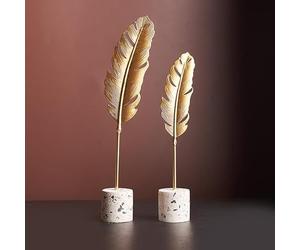 Marimor 2 piezas esculturas decorativas modernas. Adorno con base de piedra estatua. Suklpturen moderno creativo decoración del hogar ginkgo dorado. Regalos para familia, oficina, dormitorio,