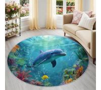 Marine Life - Alfombra redonda de delfín de 100 cm para debajo de la mesa, diseño de peces tropicales, lavable, antideslizante, alfombra circular de pelo bajo para comedor y sala de estar, color azul