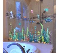 Marine Life Calcomanías estáticas para ventana, calcomanías de vidrio de PVC de doble cara para decoración del hogar, arte de pared minimalista moderno para ventanas y puertas de vidrio, azul, 11.81 x