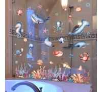 Marine Life Calcomanías estáticas para ventana, calcomanías de vidrio de PVC de doble cara para decoración del hogar, arte de pared minimalista moderno para ventanas y puertas de vidrio, azul, 11.81 x