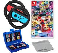 Mario Kart 8 Deluxe para Nintendo Switch, con controladores de volante PremGear Racing, empuñaduras de conducción para Joy-Con (paquete de 2), soporte para tarjetas de juego de 24 ranuras y paño de