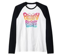 Mariposa besos cumpleaños deseos retro mariposa texto arte Camiseta Manga Raglan