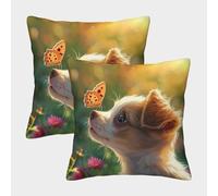 Mariposa con Bonito Perro Fundas Cojines Antialérgicas 2 Piezas Funda De Almohada Poliéster Cuadradas Mejor Amigo 50x50cm