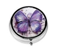 Mariposa de pintura al óleo morada. Este pequeño pastillero redondo impreso es un organizador portátil de píldoras y vitaminas, perfecto para bolsillos, bolsos y viajes.