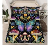 Mariposa Fitted Hoja Tamaño M,Acuarela Seta Flores Planta Suave Bolsa Profunda de Colchón Niños Cubierta de Colchón,Pintura Boho Acuarela Cubierta de Cama Negra con 1 Funda de Almohada (sin Hoja Top)