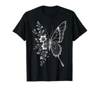 Mariposa Flores Negro Blanco Arte Diseño Camiseta gráfica económica, Hombre, Negro, L