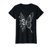 Mariposa Flores Negro Blanco Arte Diseño Camiseta gráfica económica, Mujer, Negro, L