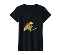 Mariposa Monarca Naranja sobre Fondo Negro Flor Amarilla Camiseta gráfica económica, Mujer, Negro, XS