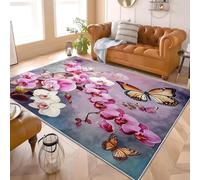 Mariposa OrquíDea RomáNtica Alfombra de Franela con Base TPR Antideslizante - Lavable en la Lavadora Hipoalergénico PúRpura Pelo Corto Alfombra, para Salón, Dormitorio 80x150 cm